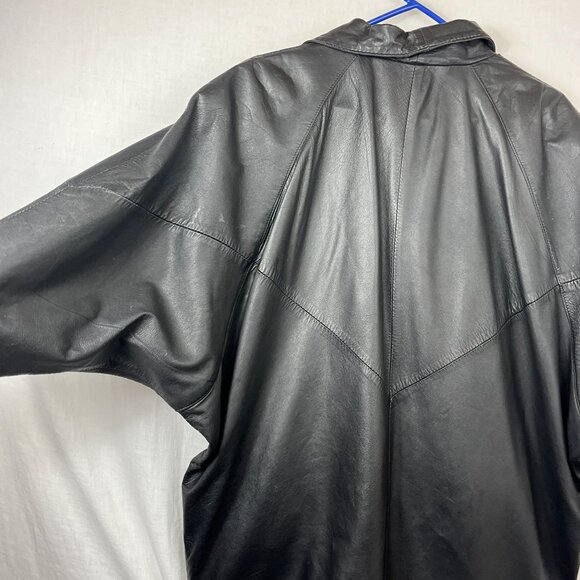 Vintage Leather Double Breast Longline‎ Coat Unisex XL Slouchy Distressed Baggy - Picture 7 of 16